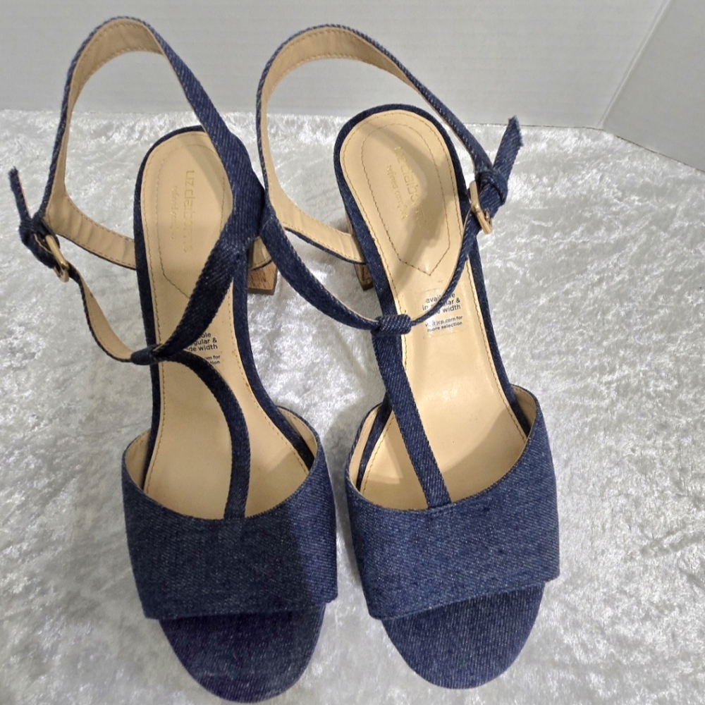 Navy Blue Linen Backed T-Strap Sandals Size 10